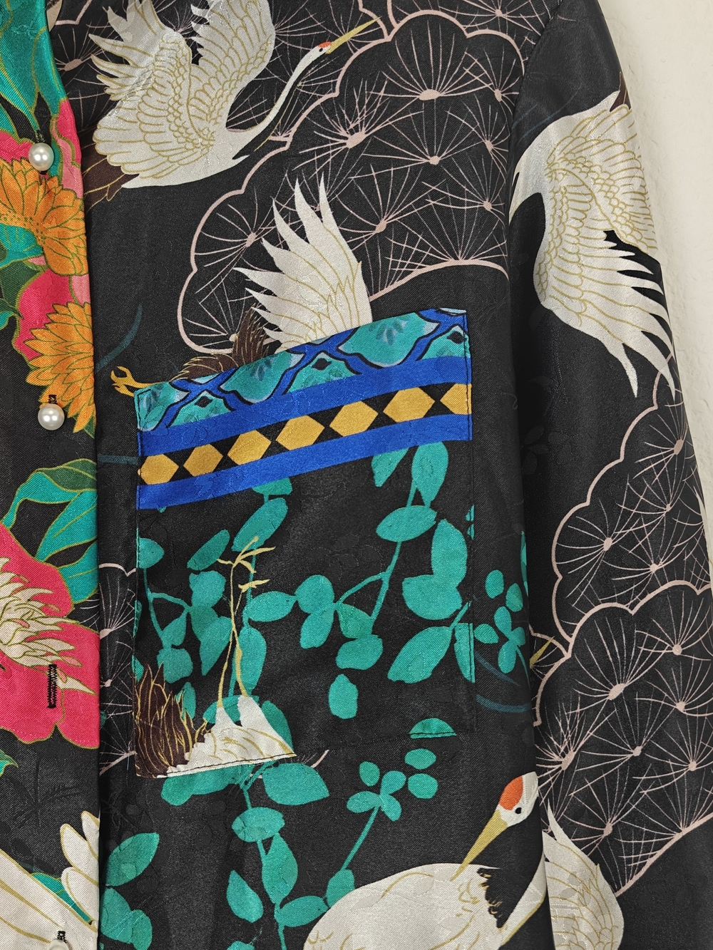 Zara Oriental Crane Satin Blouse Floral Bird Print Black Pink Green Size M - Picture 6 of 16